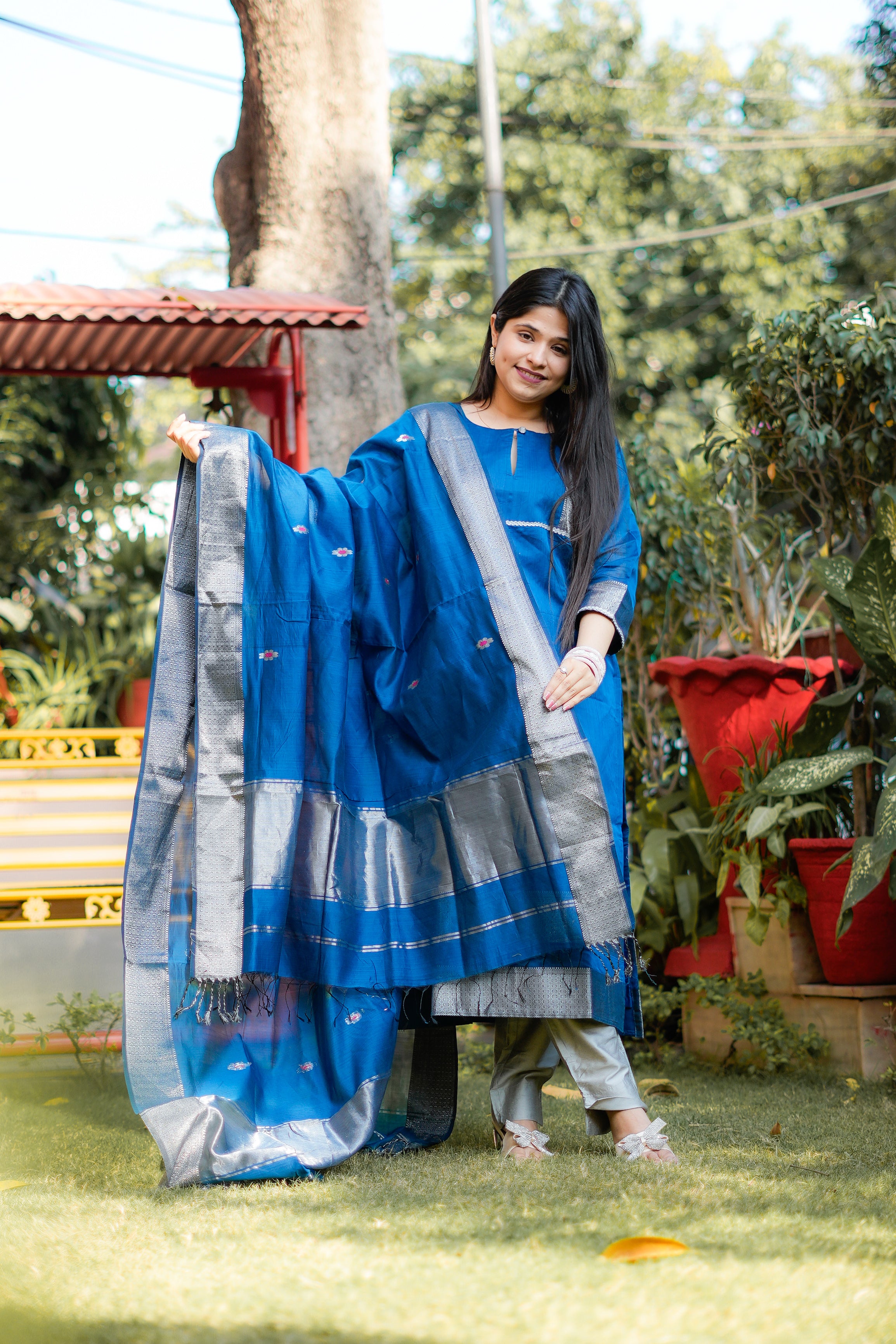 Royal Blue & Silver Maheshwari Tissue Kurta & Dupatta