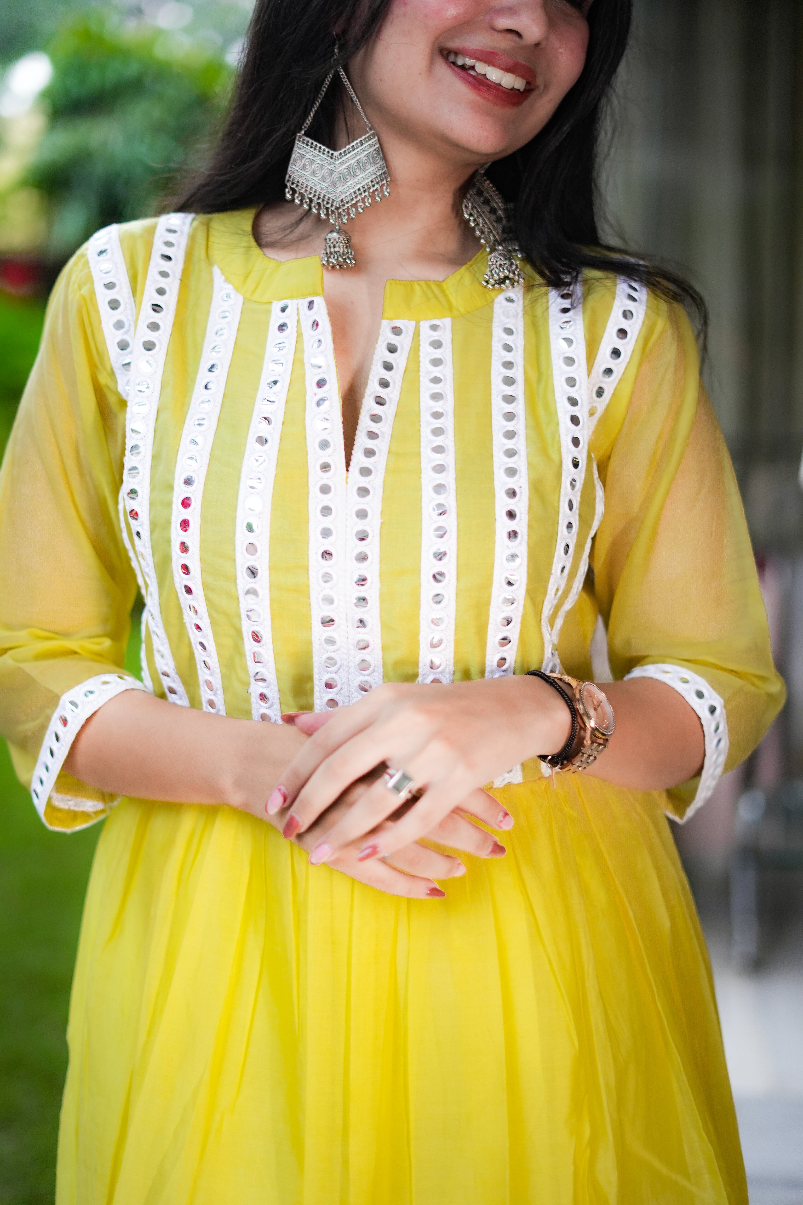 Yellow Maheshwari Kurta & Dupatta with Mirror Work