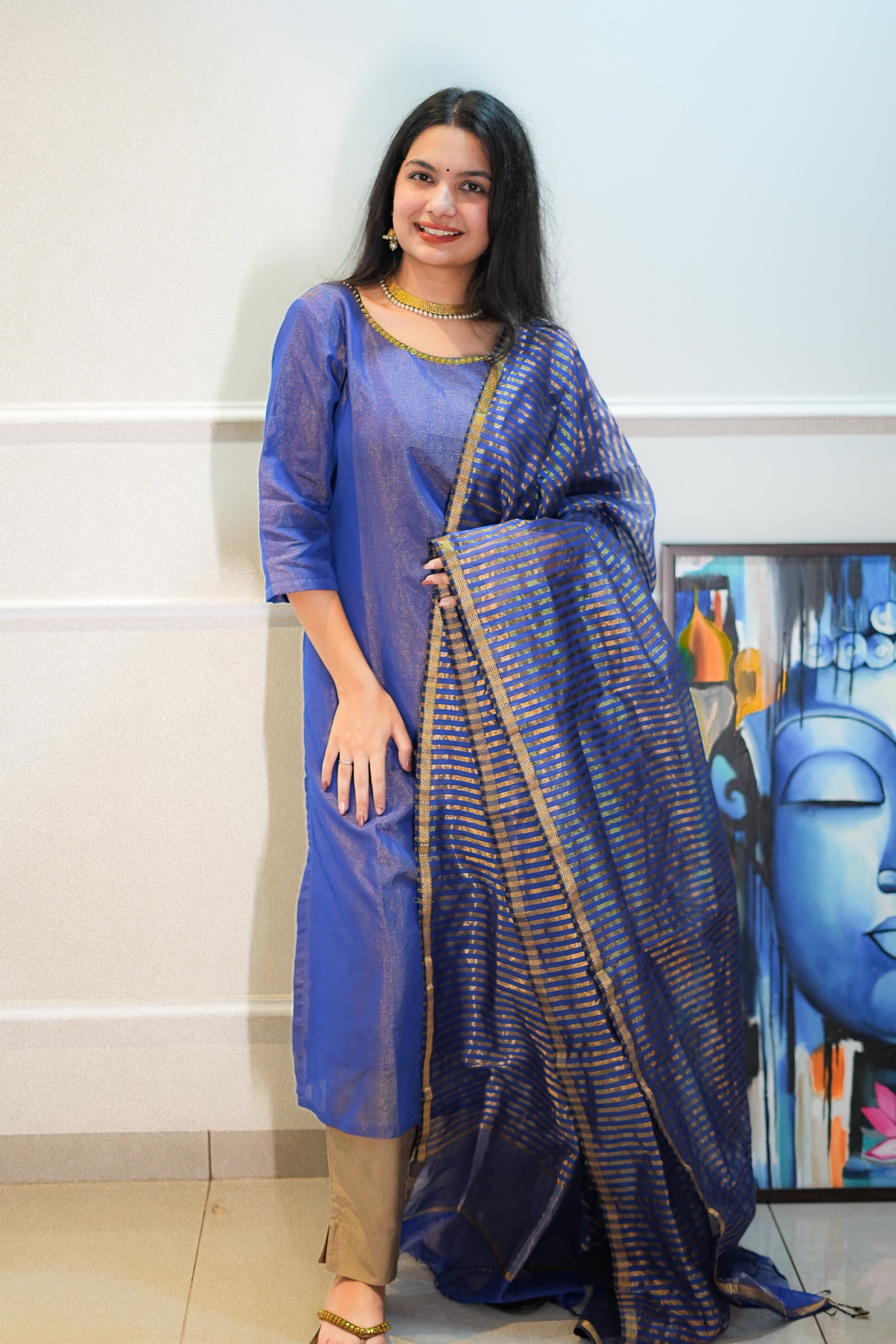 Blue Tissue Maheshwari Handloom Kurta & Dupatta