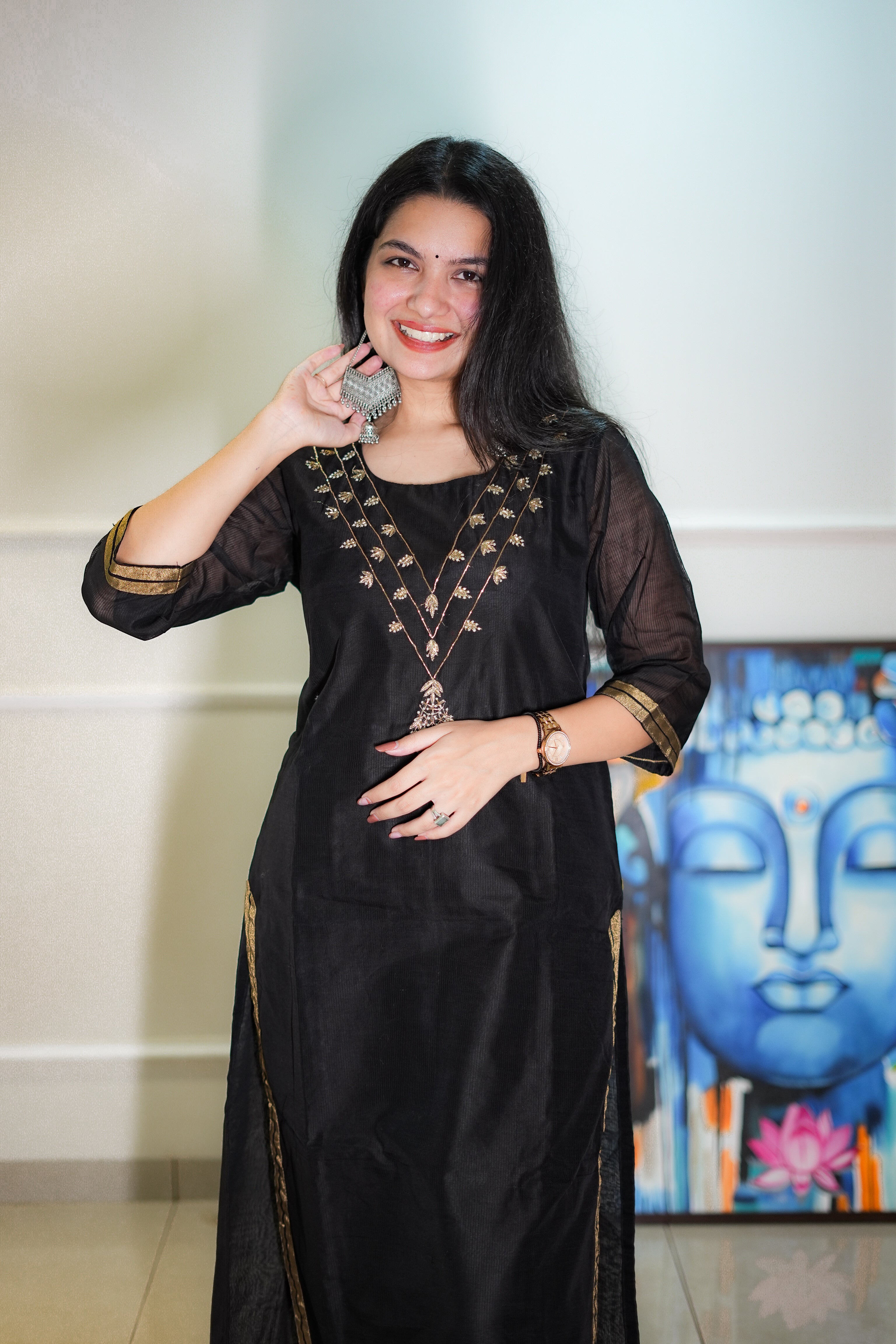 Black Maheshwari Kurta with Neck Work
