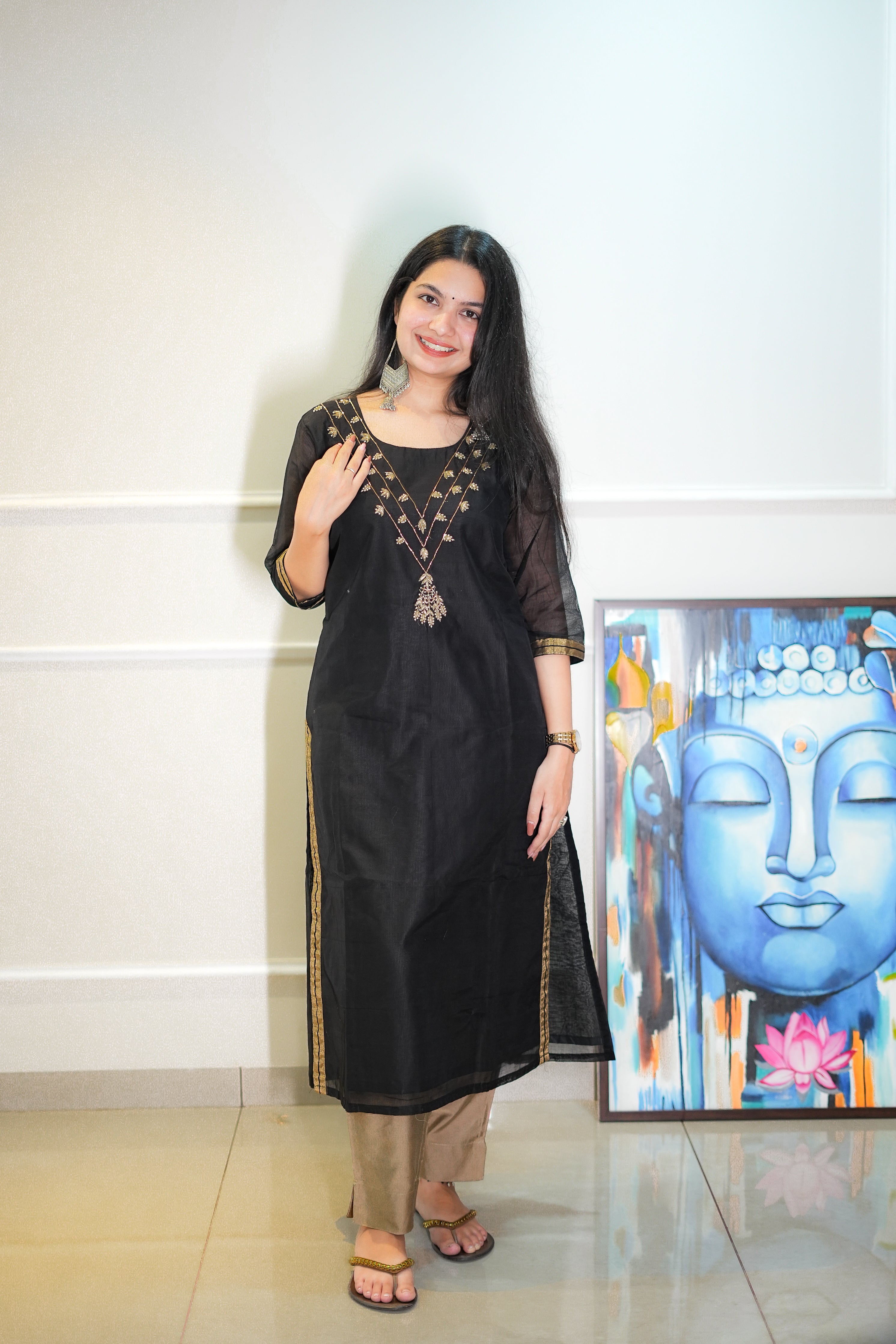Black Maheshwari Kurta with Neck Work