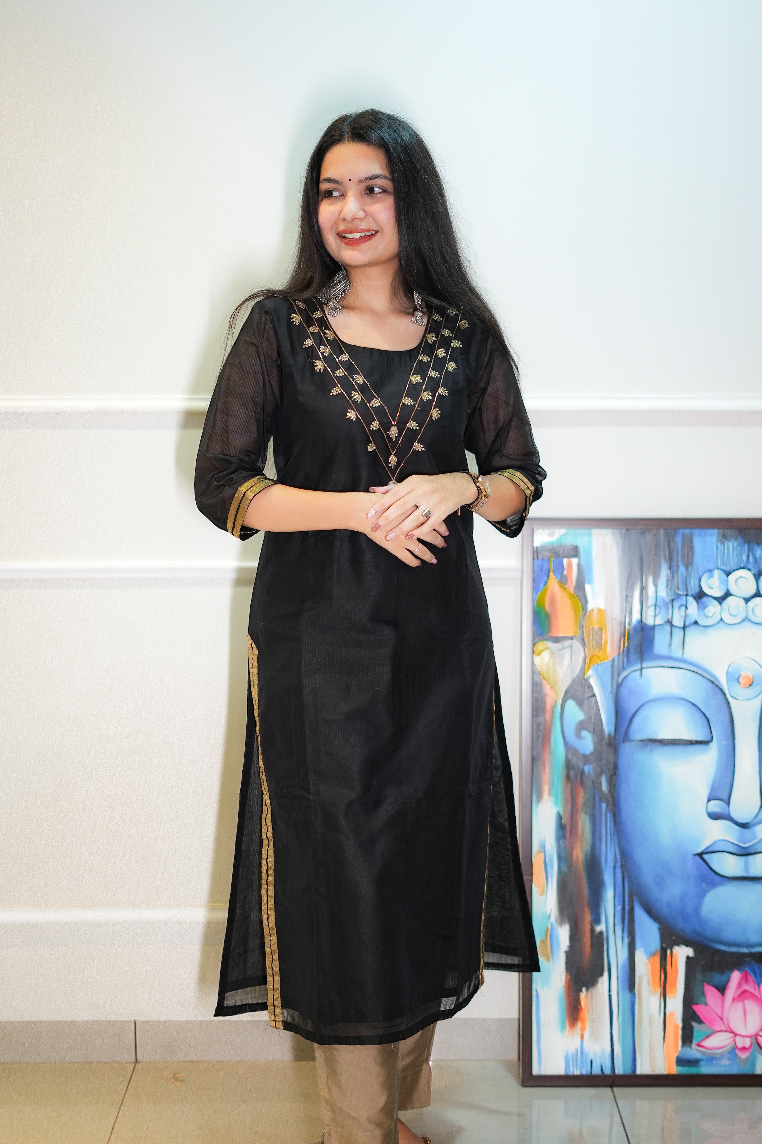 Black Maheshwari Kurta with Neck Work