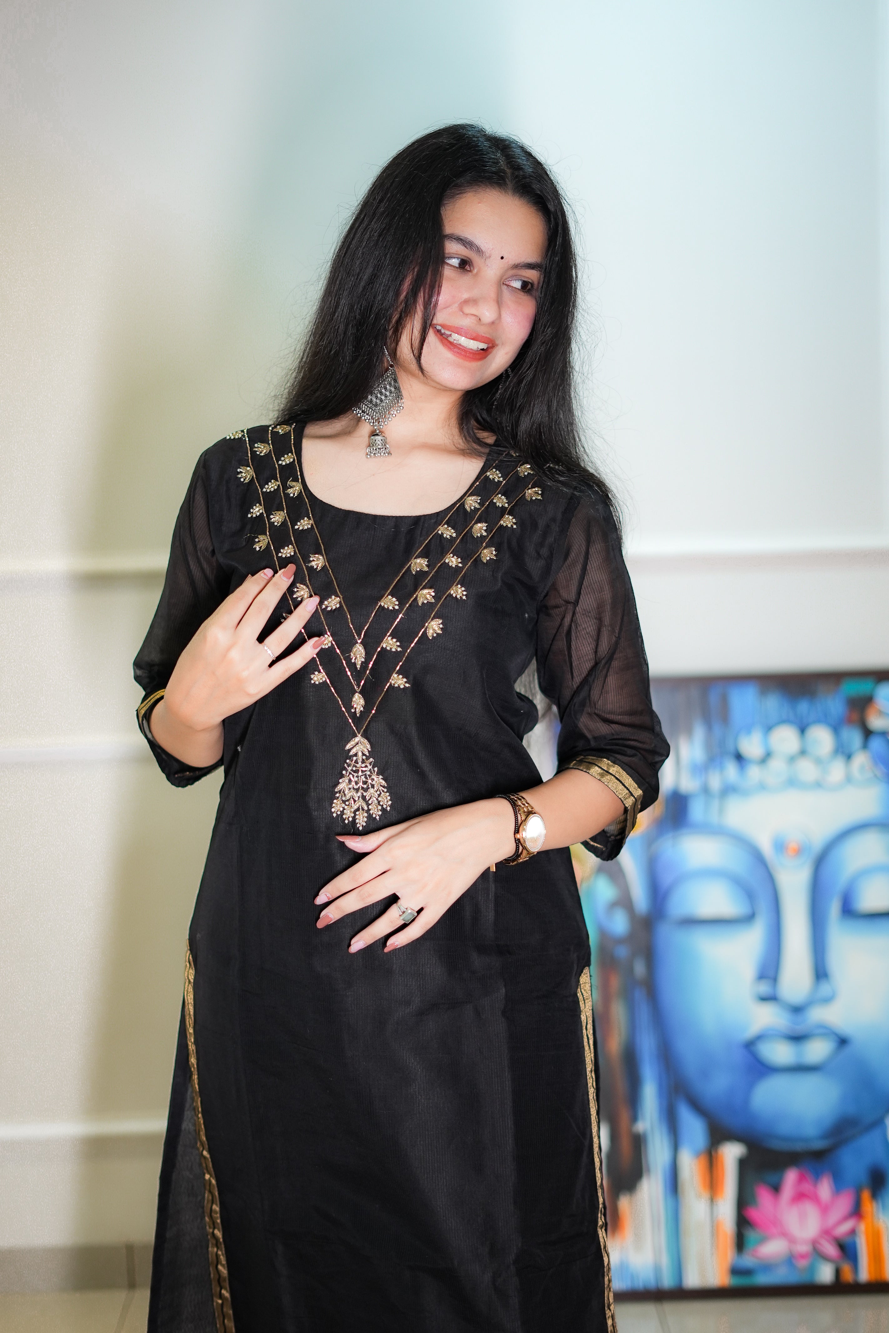 Black Maheshwari Kurta with Neck Work