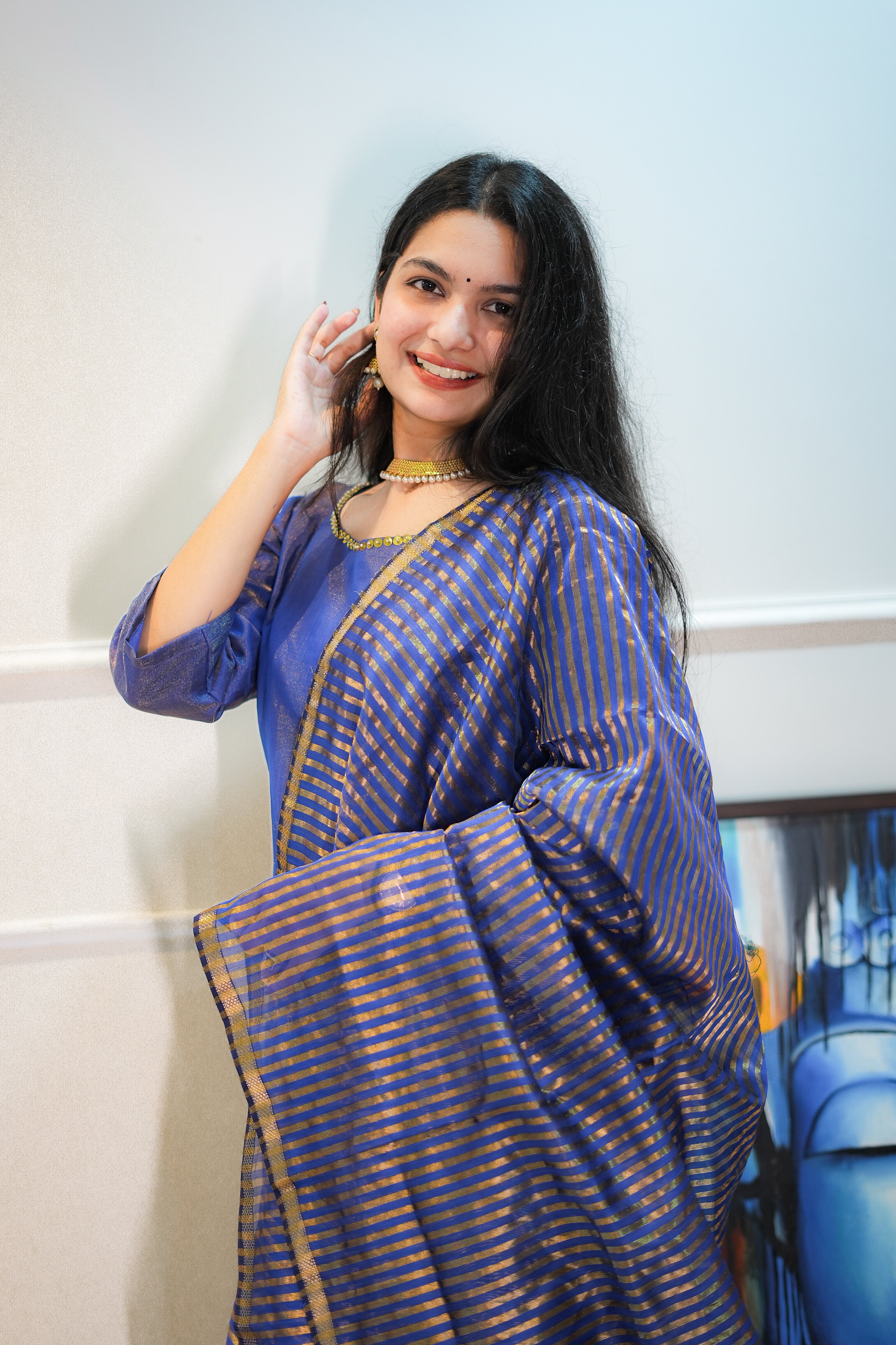 Blue Tissue Maheshwari Handloom Kurta & Dupatta