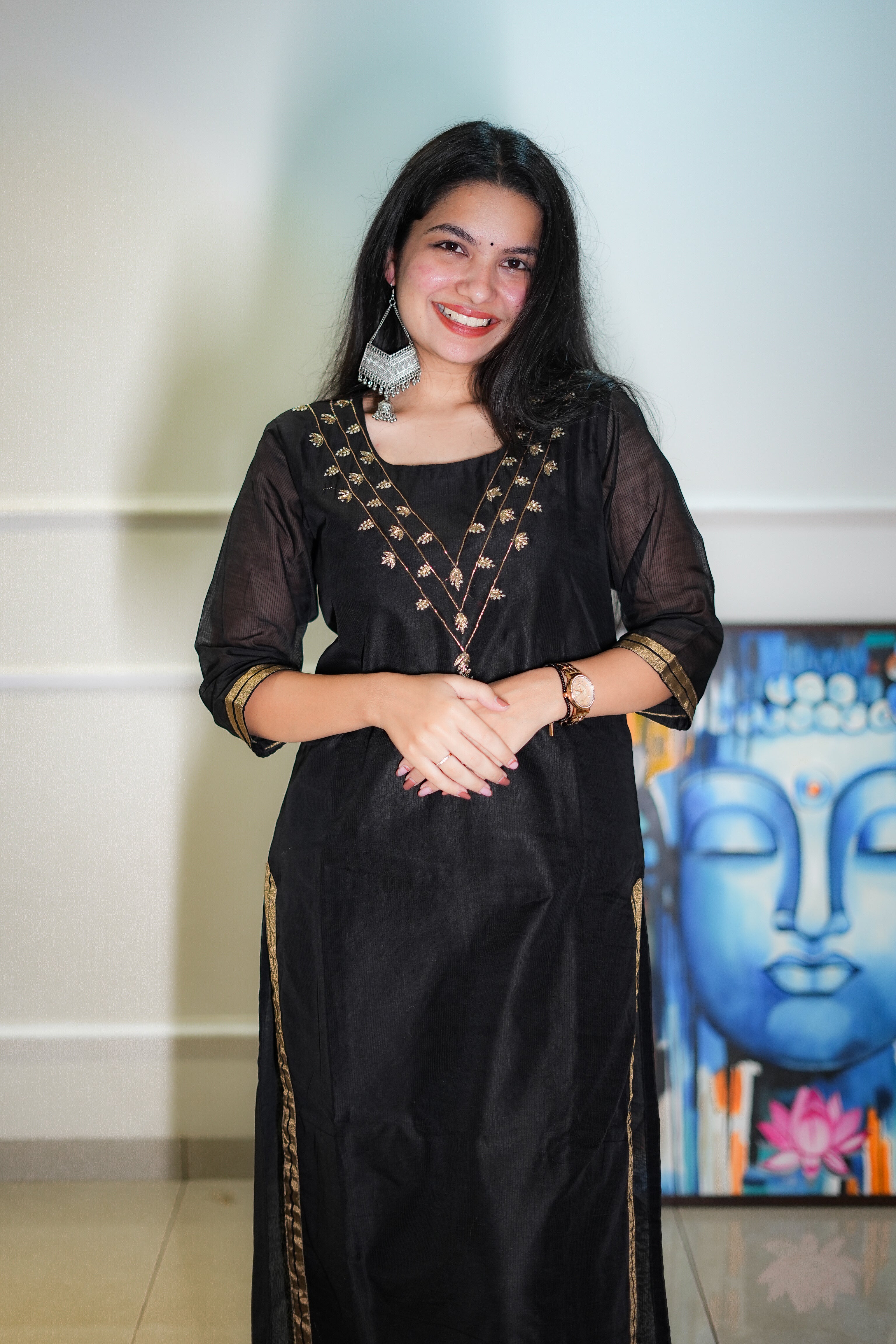 Black Maheshwari Kurta with Neck Work