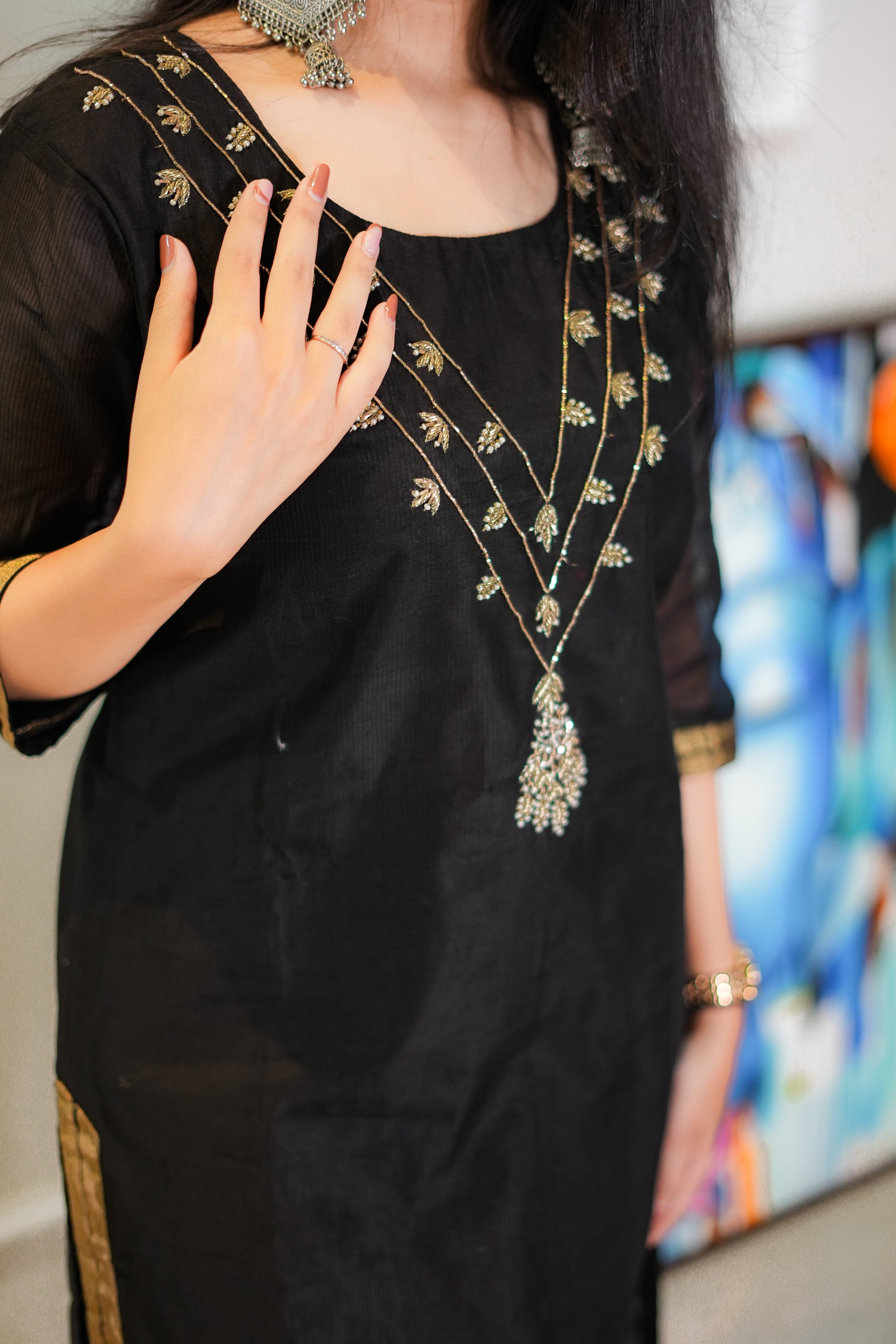 Black Maheshwari Kurta with Neck Work