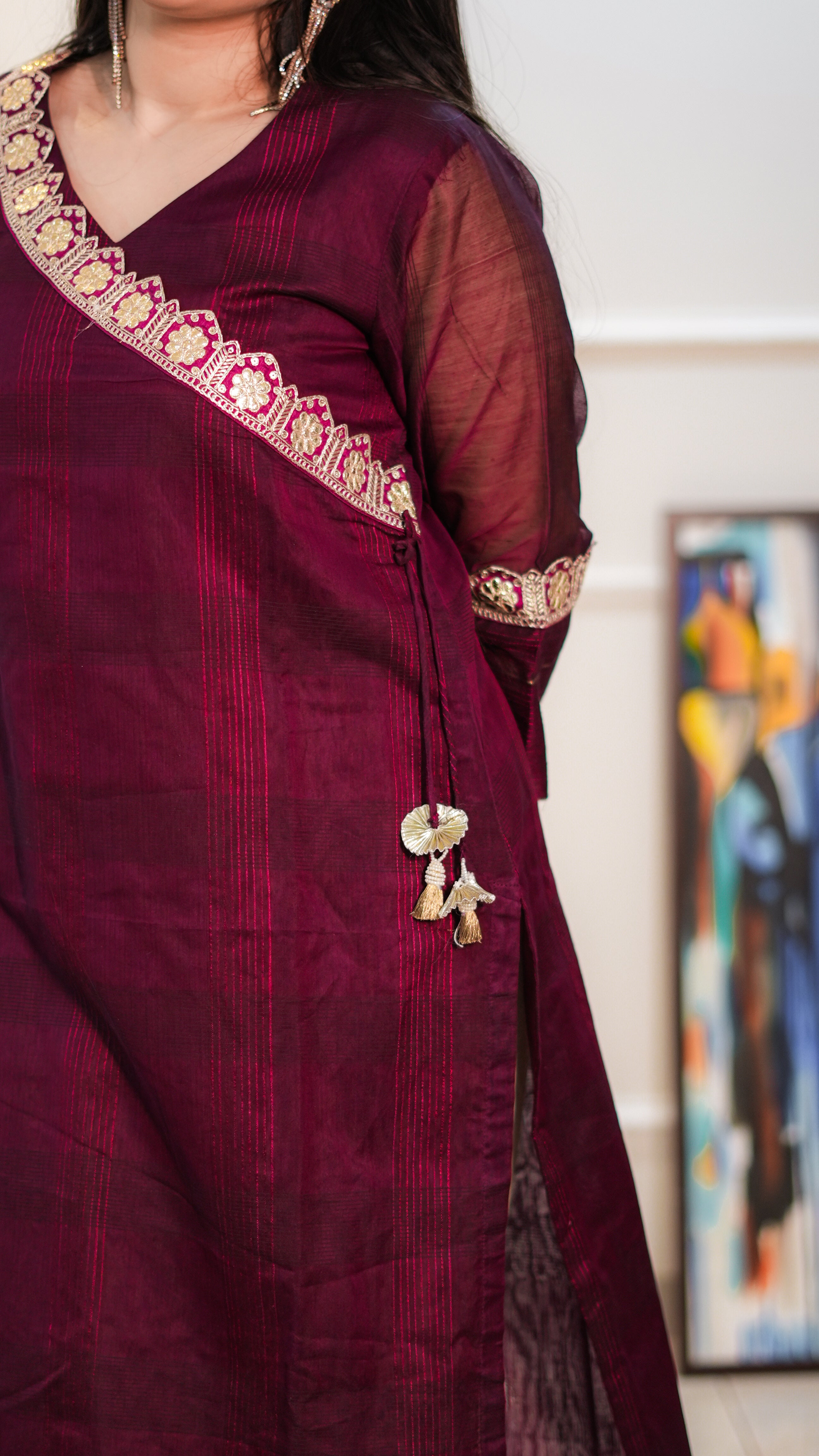 Magenta Maheshwari Kurta with Neckwork