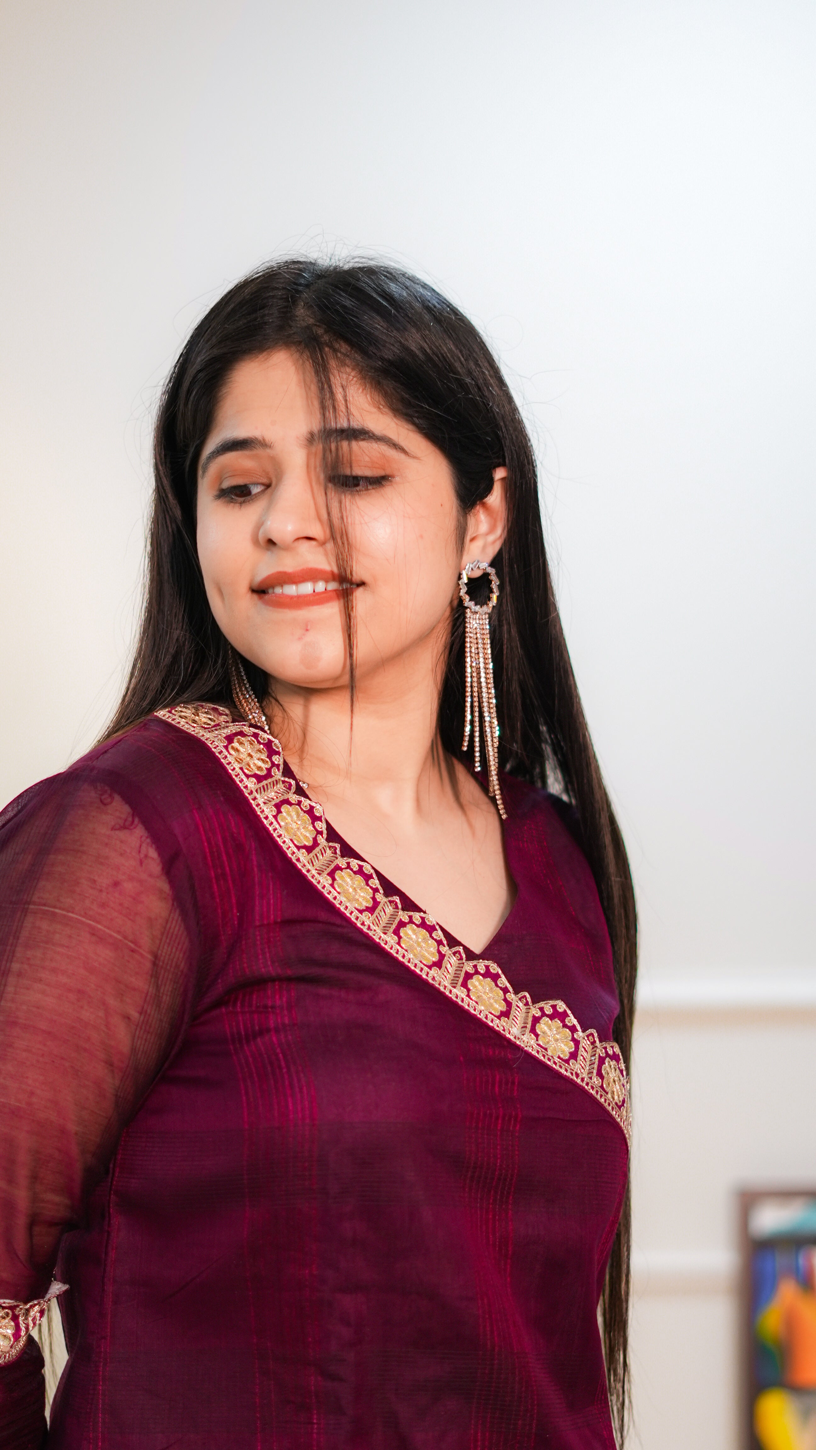 Magenta Maheshwari Kurta with Neckwork