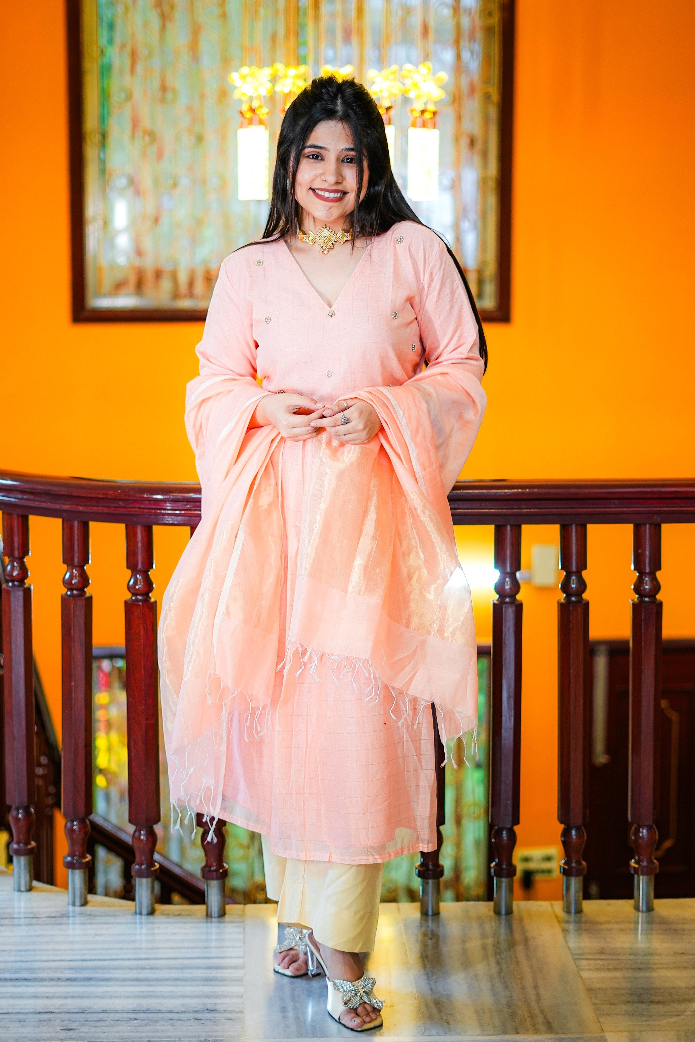 Peach Maheshwari Handwoven Kurta & Dupatta