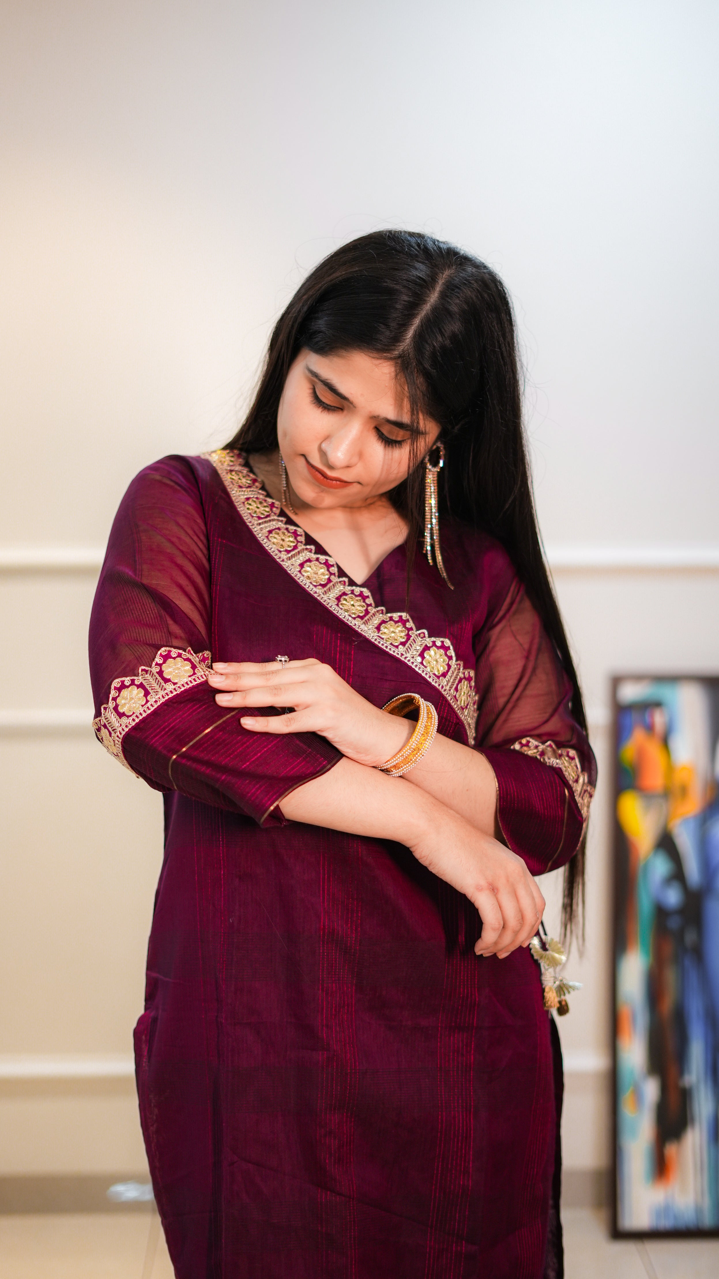 Magenta Maheshwari Kurta with Neckwork