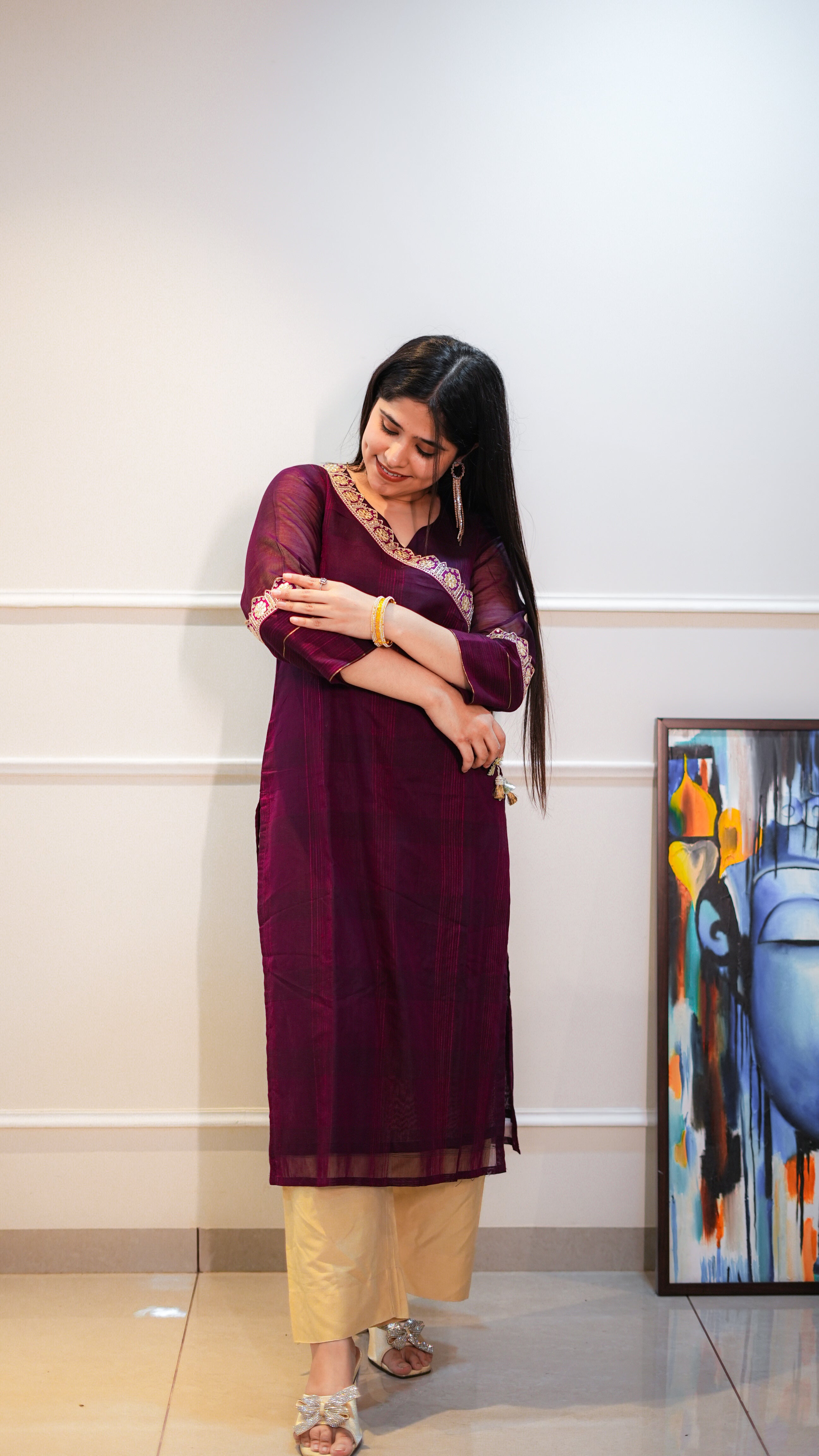 Magenta Maheshwari Kurta with Neckwork