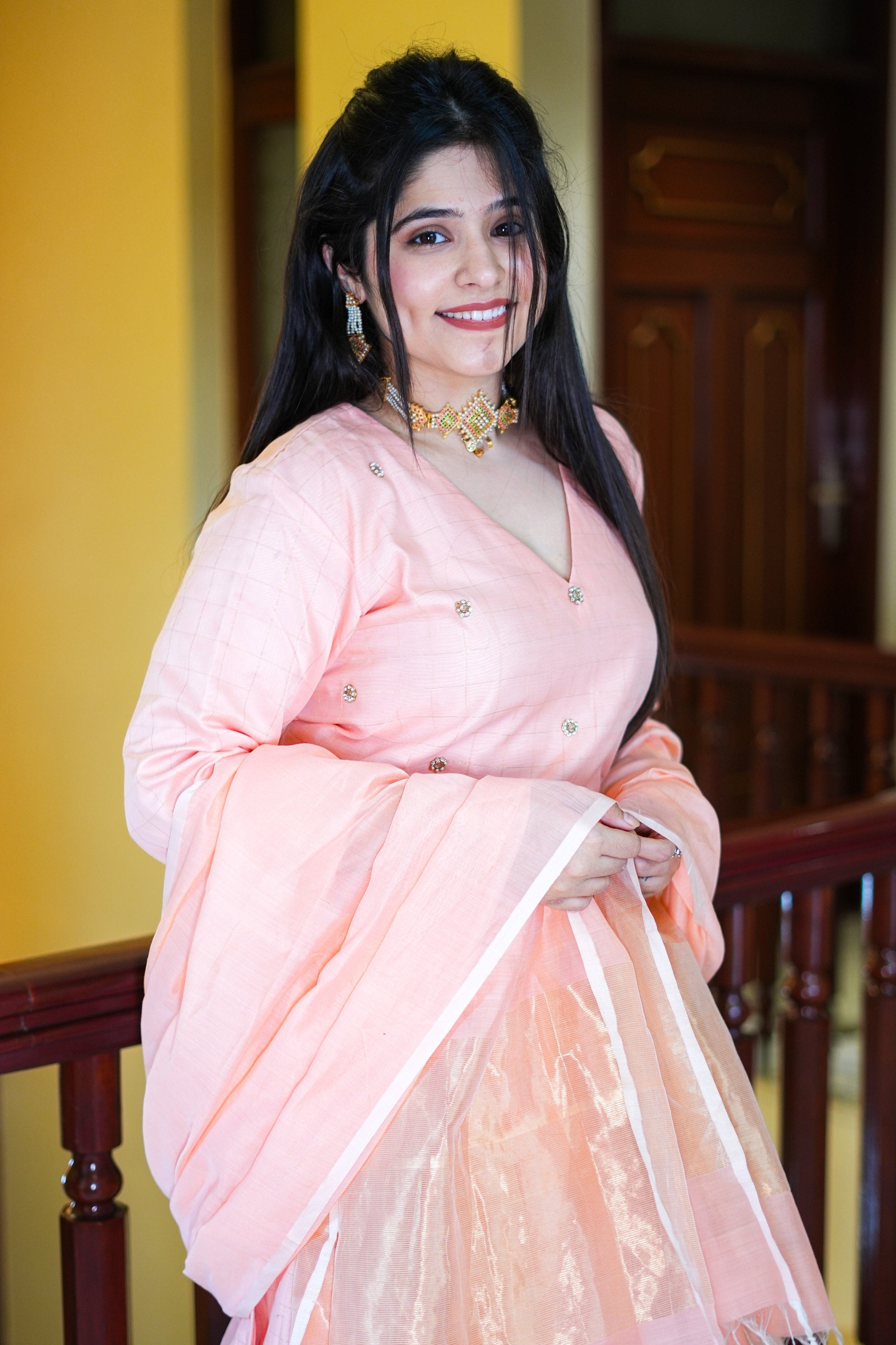 Peach Maheshwari Handwoven Kurta & Dupatta