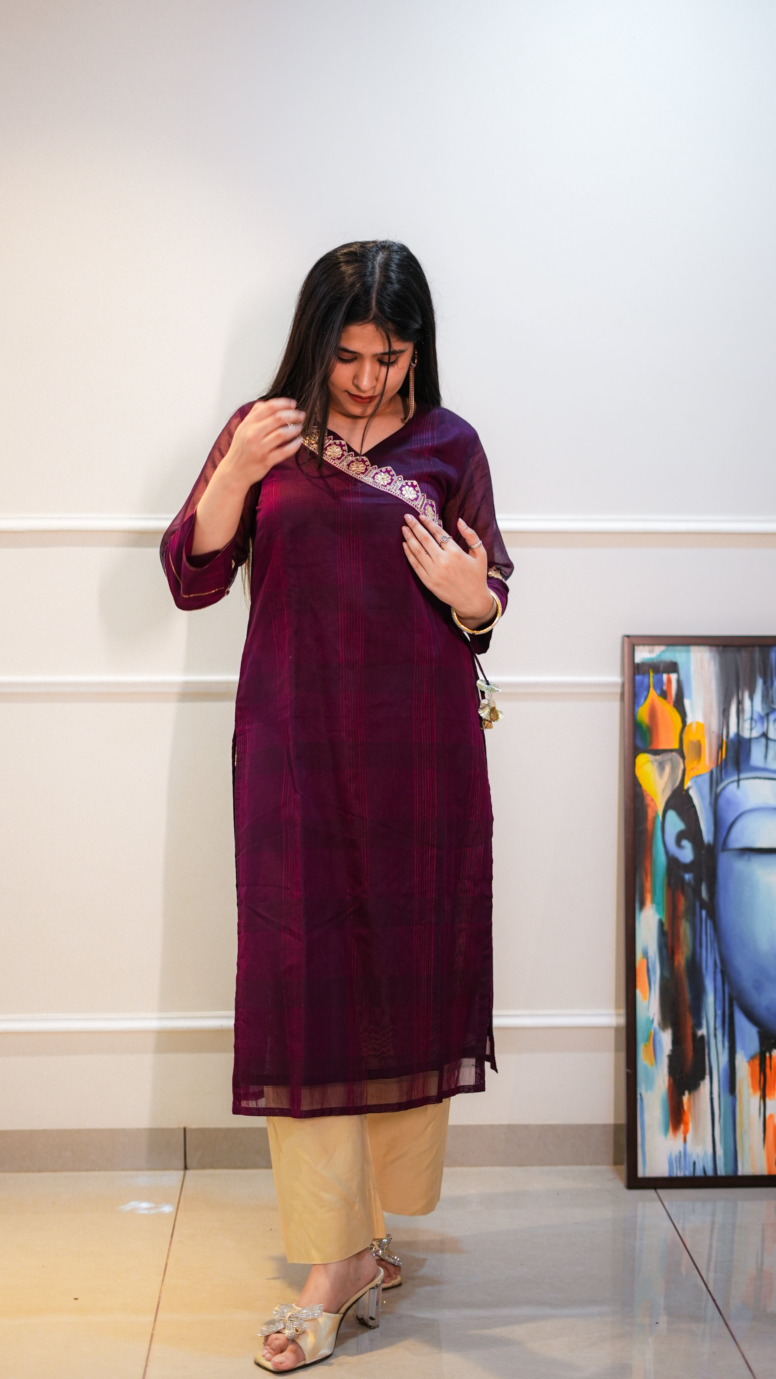 Magenta Maheshwari Kurta with Neckwork