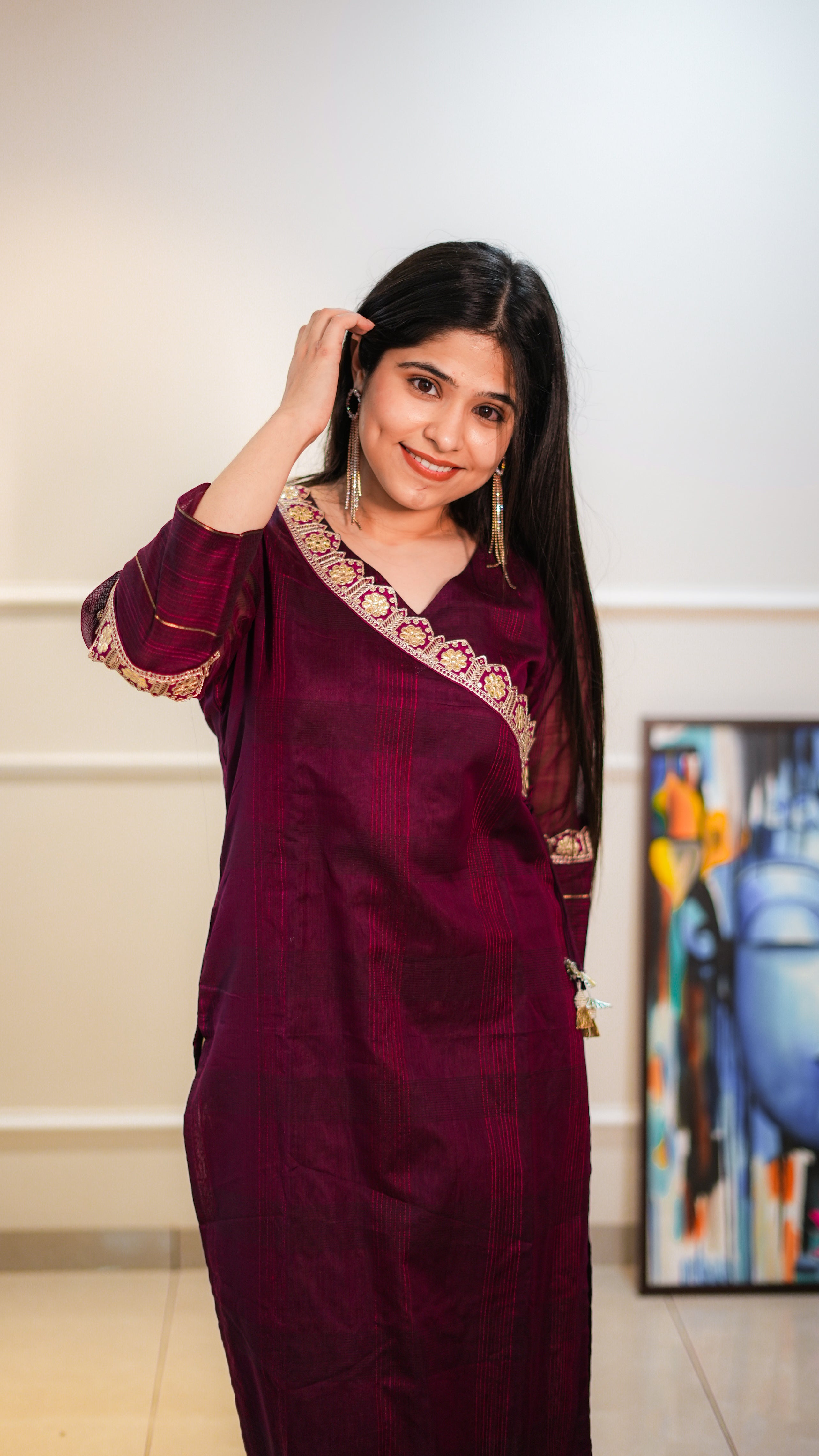 Magenta Maheshwari Kurta with Neckwork