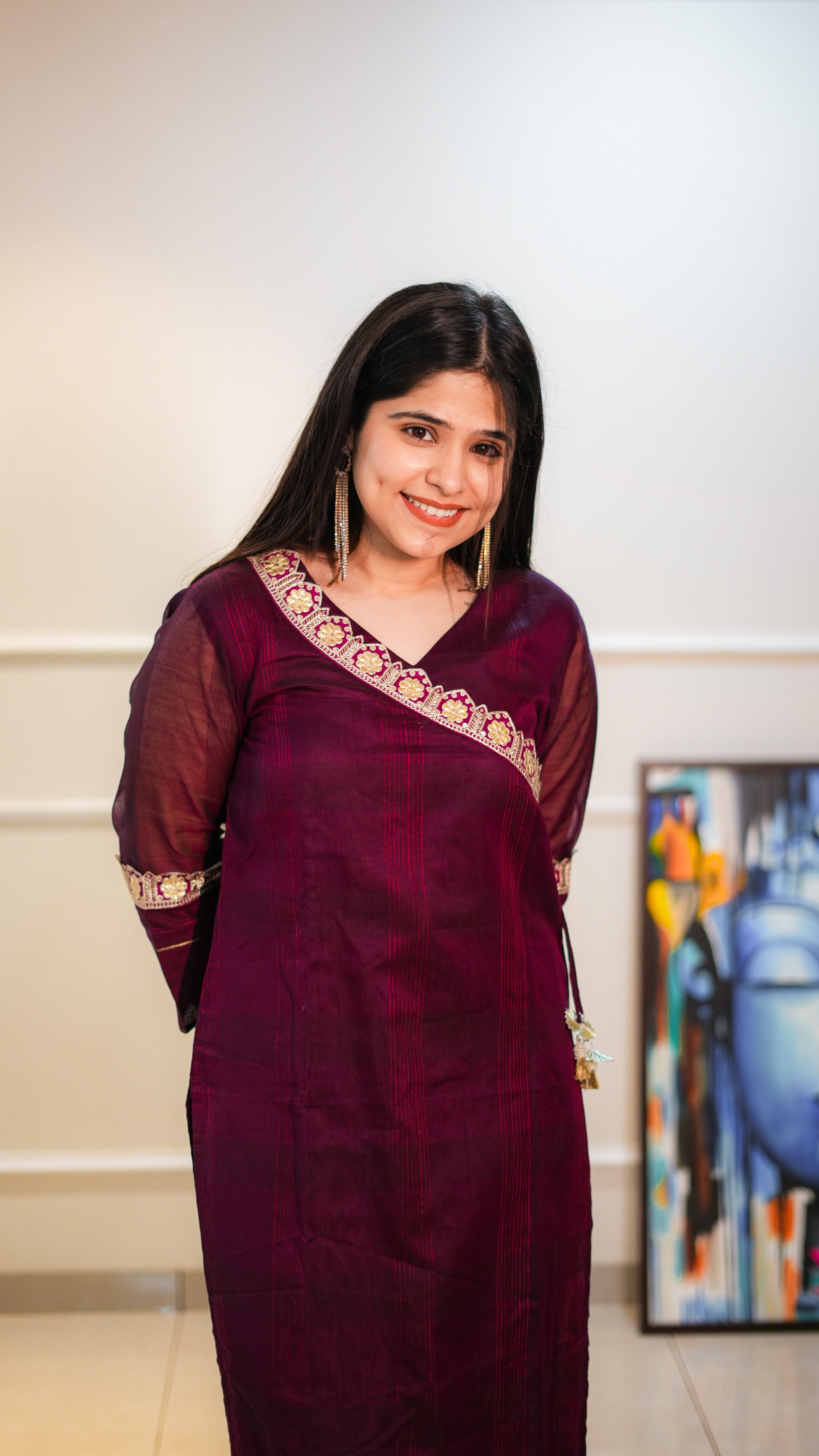 Magenta Maheshwari Kurta with Neckwork