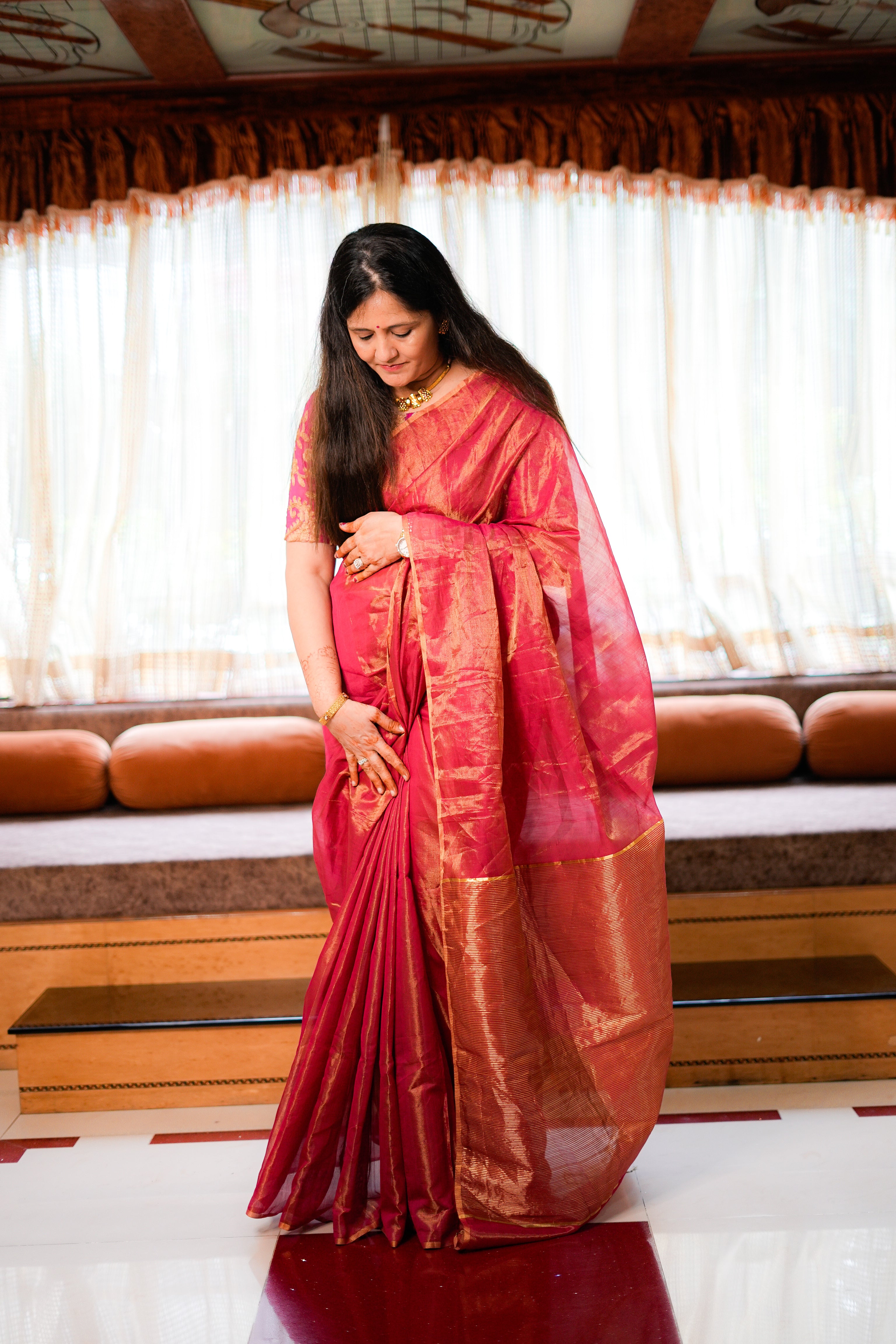 Red Tissue Maheshwari Handloom Saree