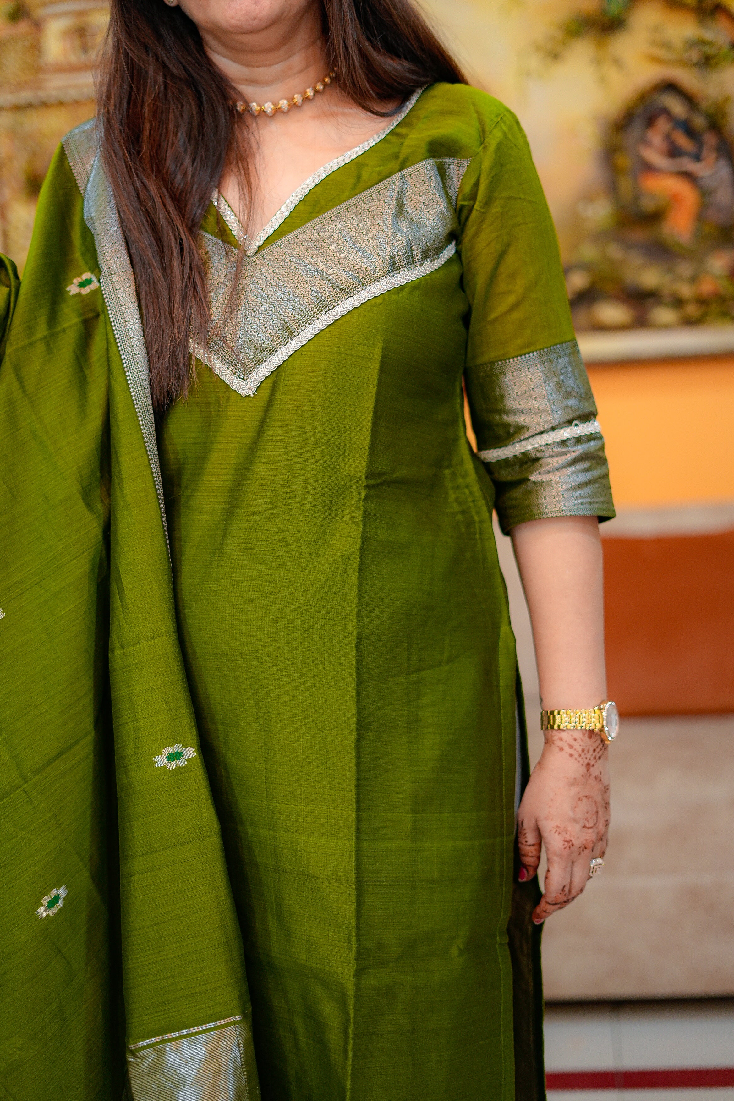 Olive Green Maheshwari Kurta & Dupatta Set