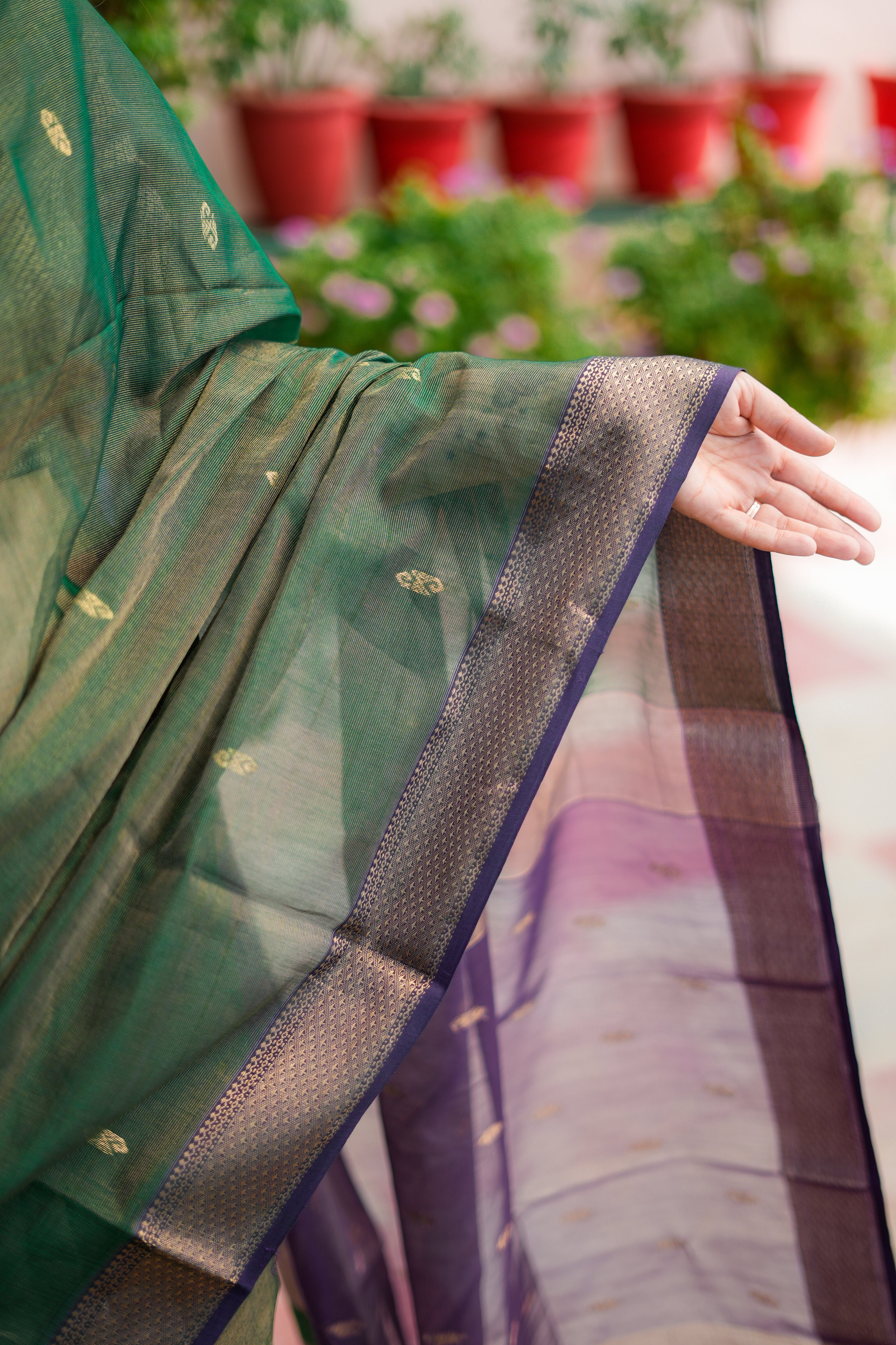Deep Green & Purple Maheshwari Handloom Saree