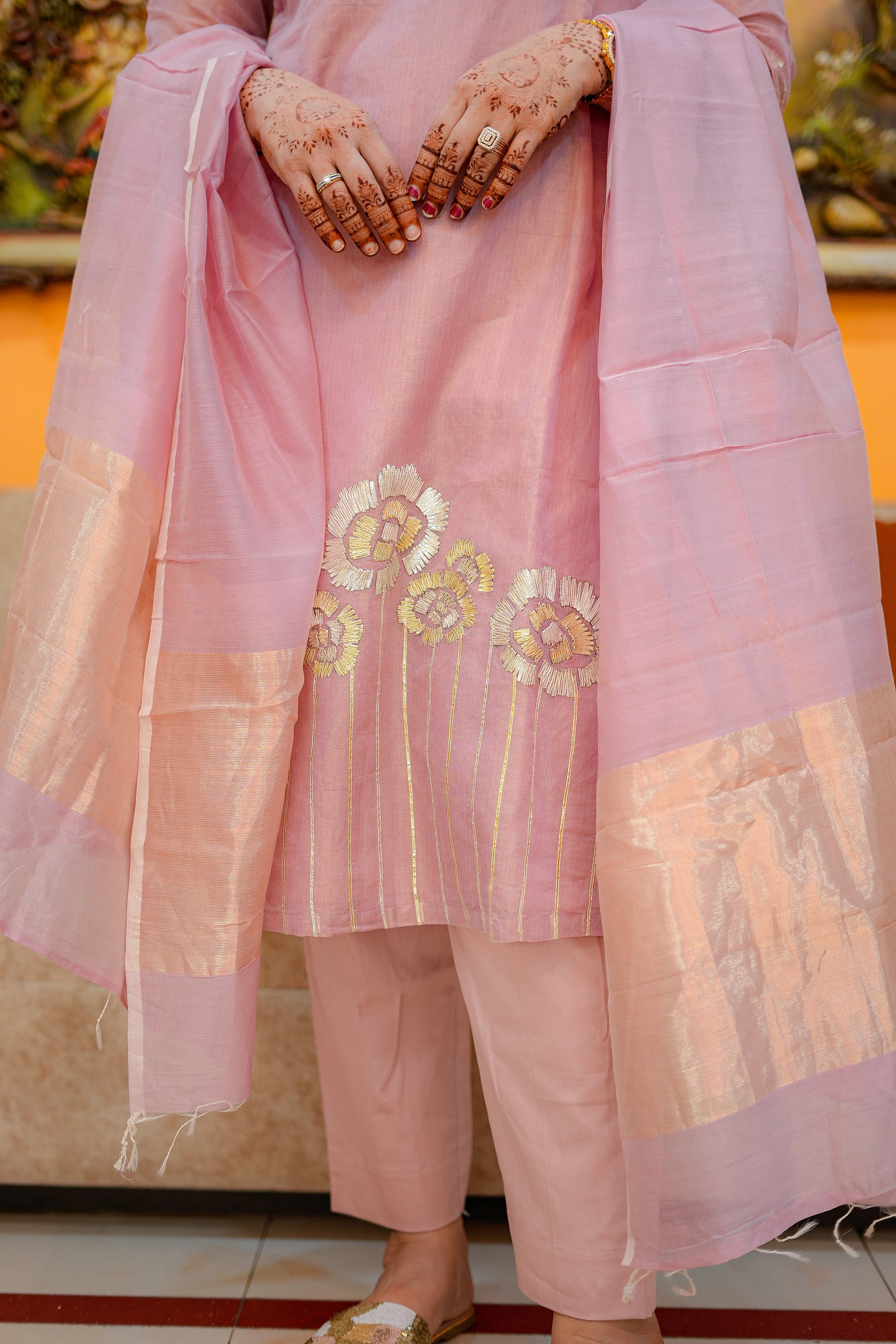 Baby Pink Maheshwari Tissue Kurta & Dupatta with Handwork