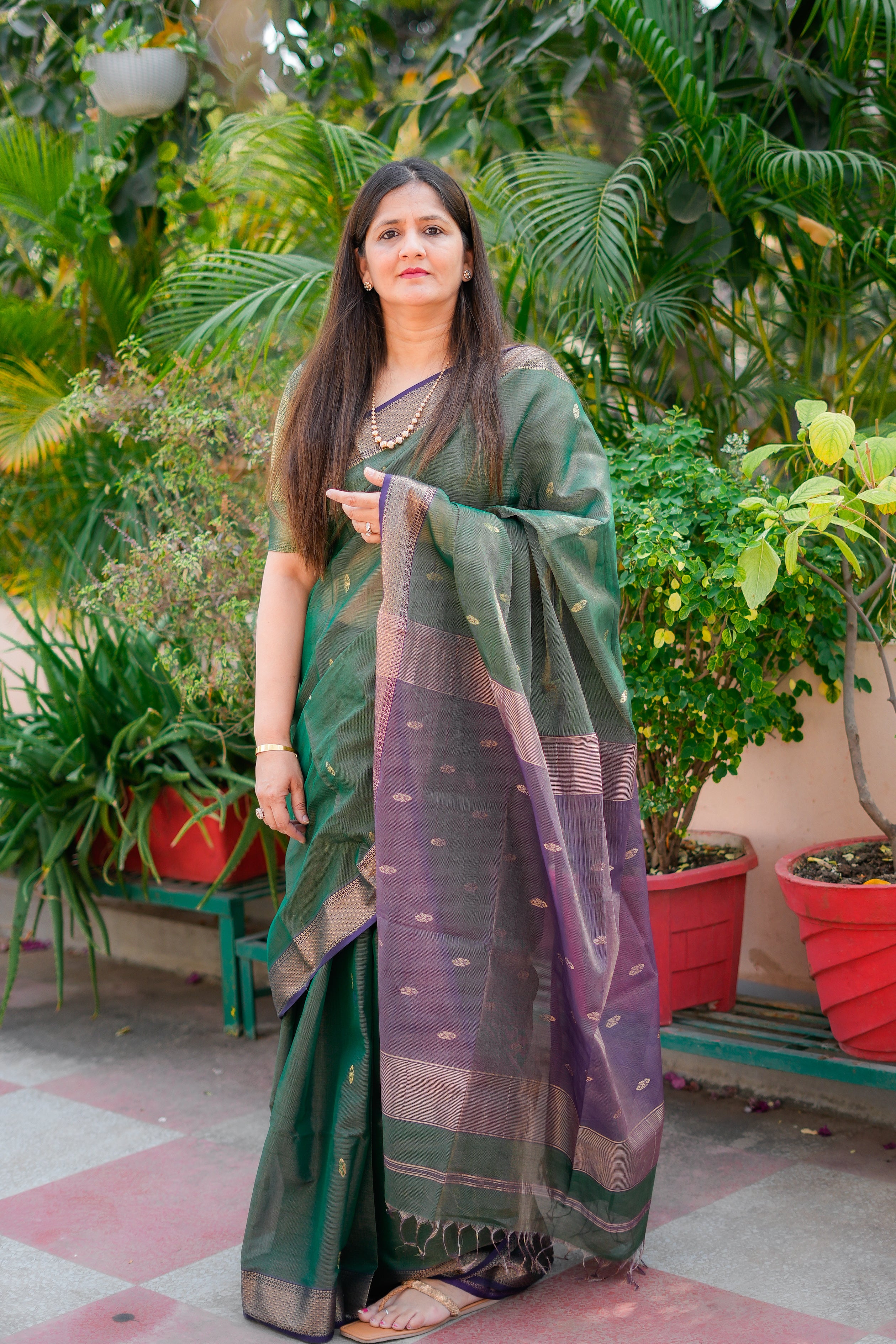 Deep Green & Purple Maheshwari Handloom Saree