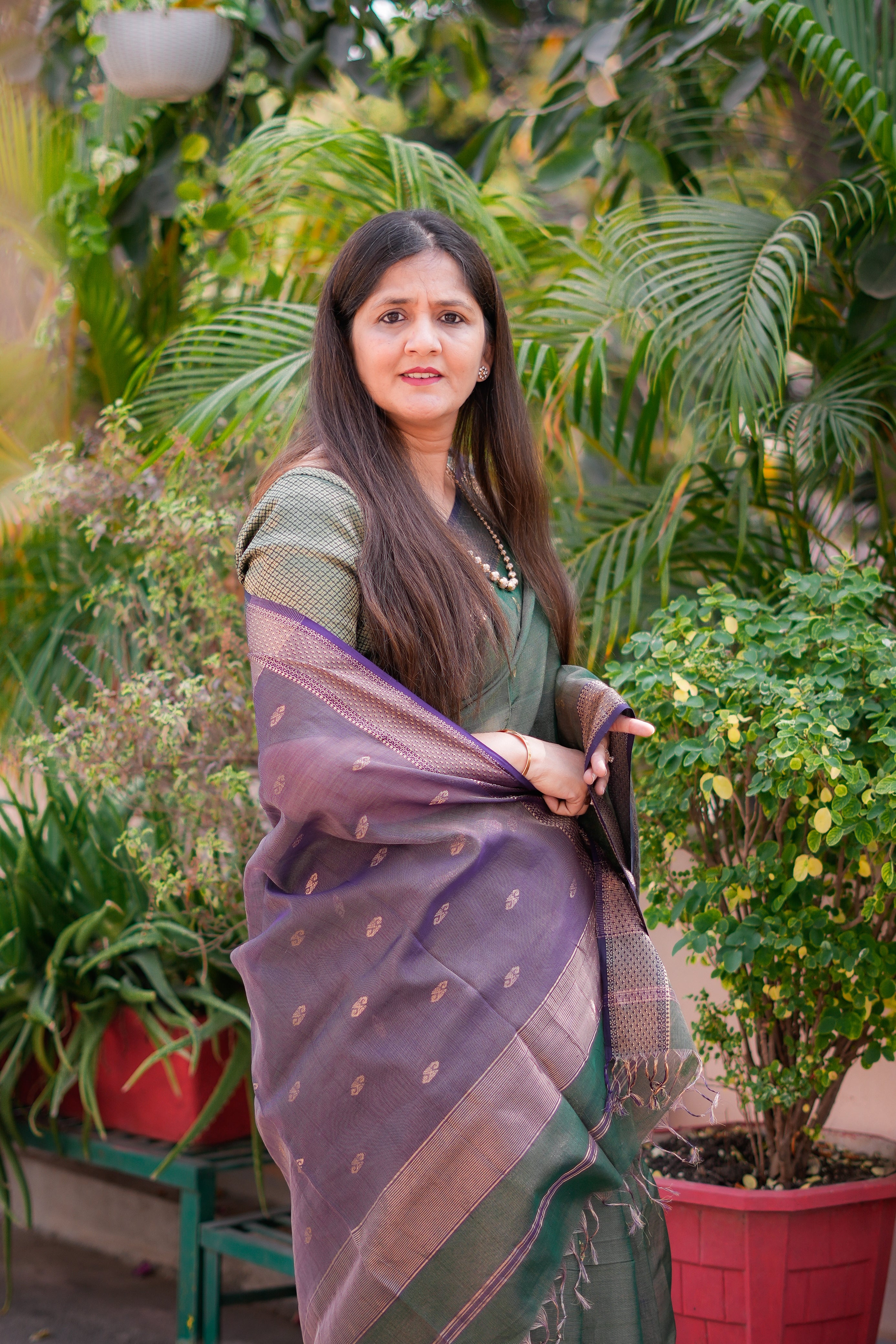 Deep Green & Purple Maheshwari Handloom Saree