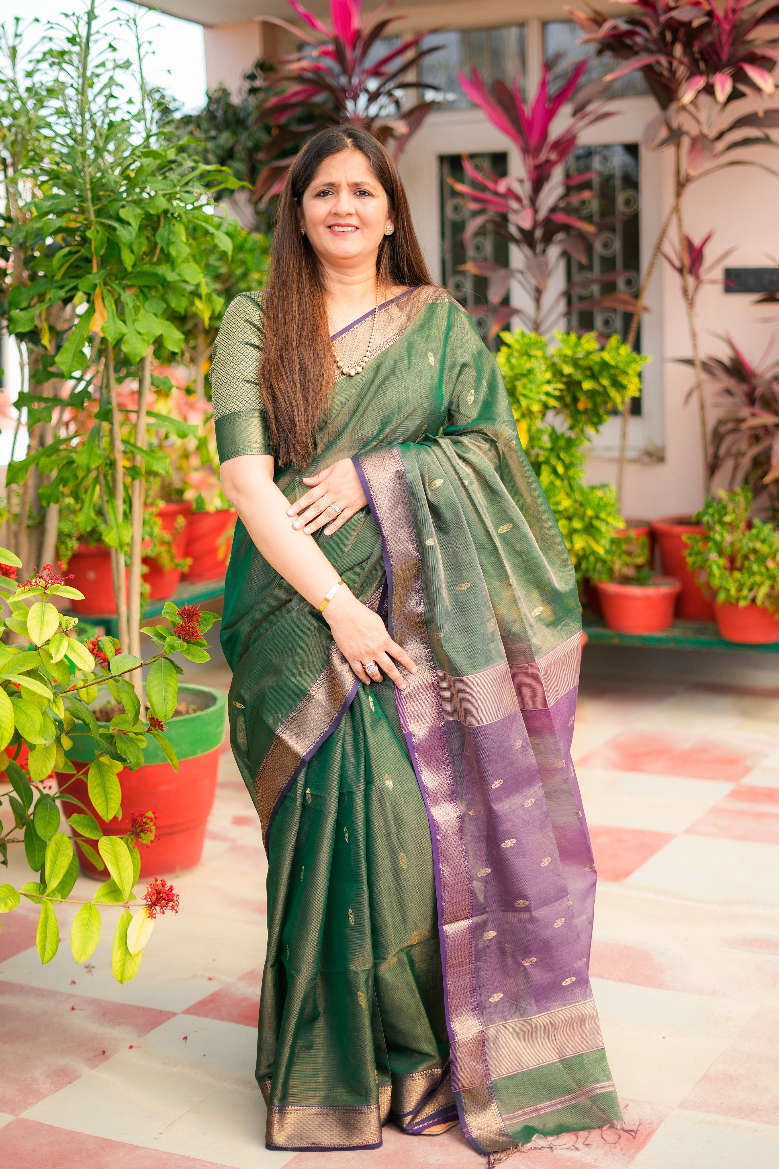 Deep Green & Purple Maheshwari Handloom Saree