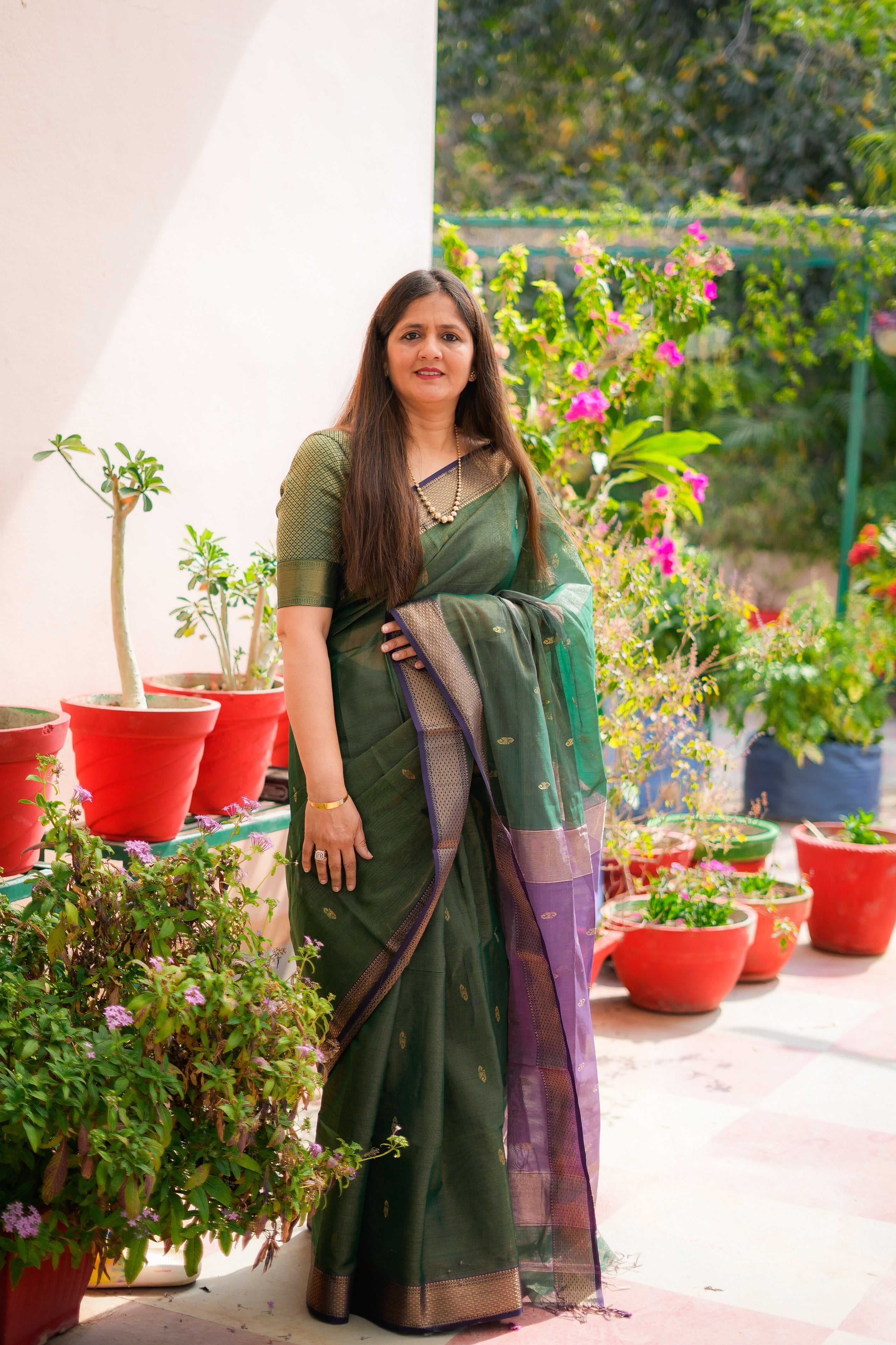 Deep Green & Purple Maheshwari Handloom Saree