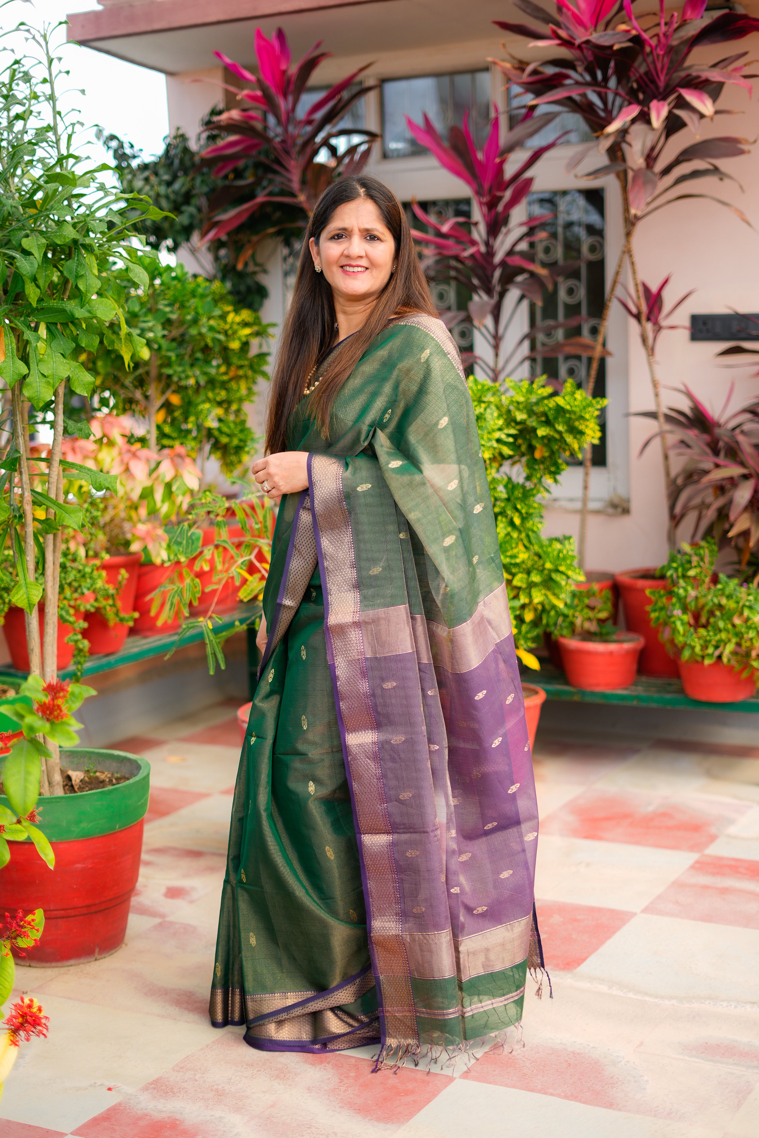 Deep Green & Purple Maheshwari Handloom Saree