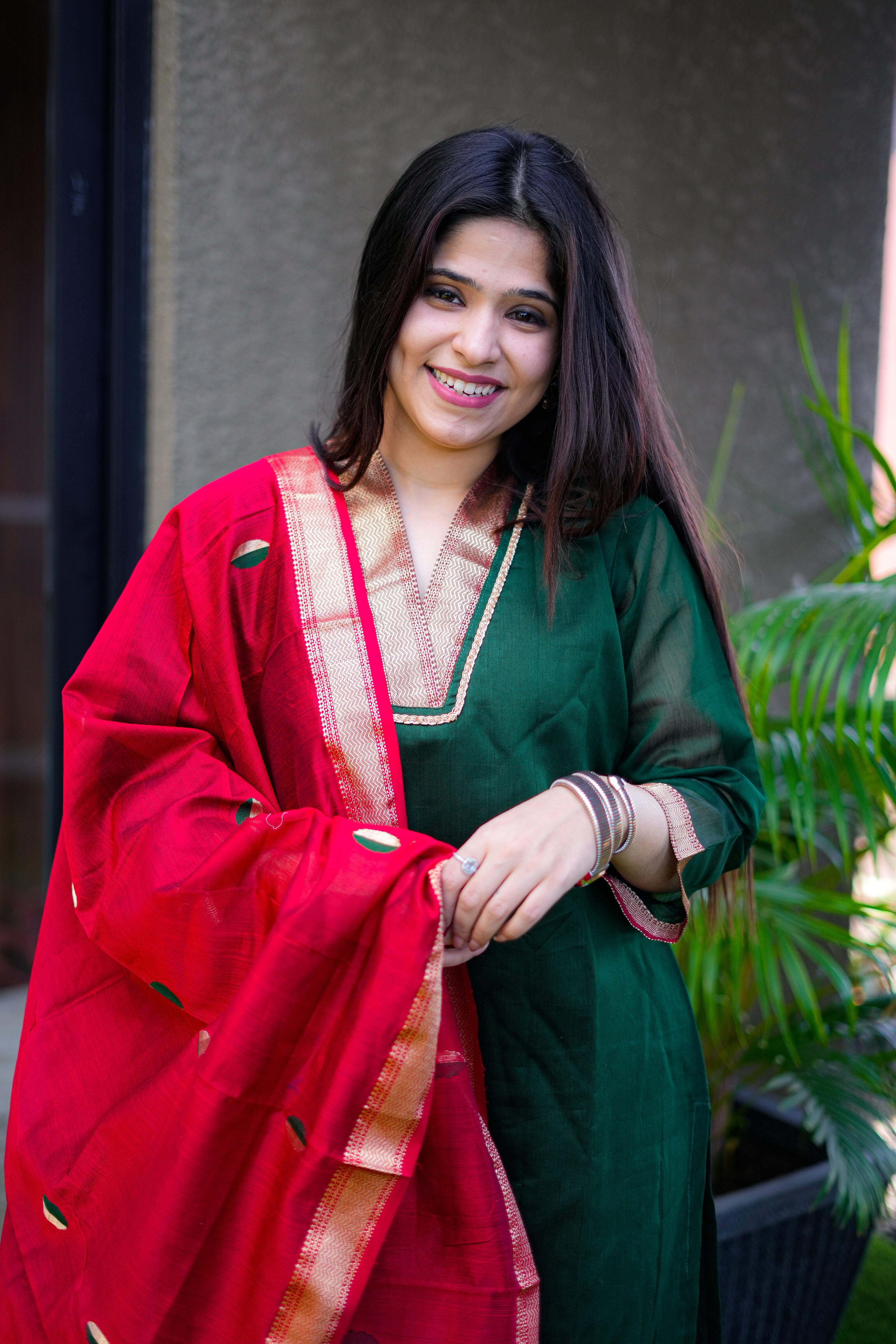Red & Green Handloom Kurta & Dupatta